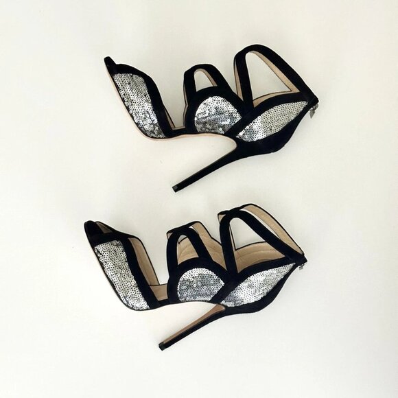 NEW JIMMY CHOO Tempest Black Suede Silver Sequin Cutout Heels Sandals Size 38 - Picture 6 of 11